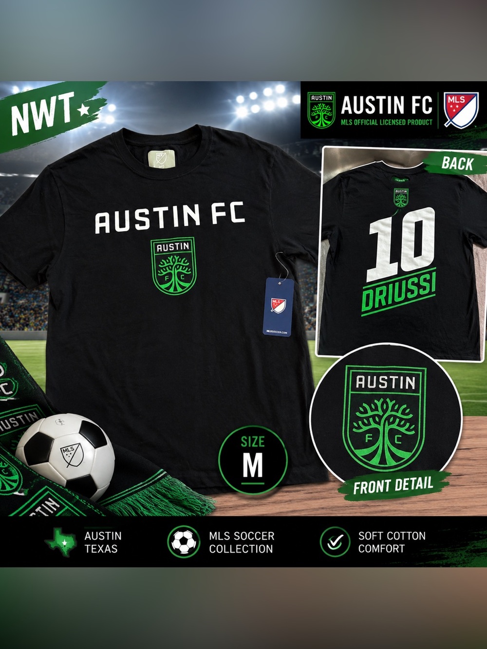 NWT Austin FC Driussi #10 MLS Soccer Graphic Tee Black Medium